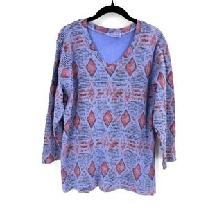 Fresh Produce V-Neck Top Womens XXL Purple Diamond Print Cotton Boho Artsy 2X